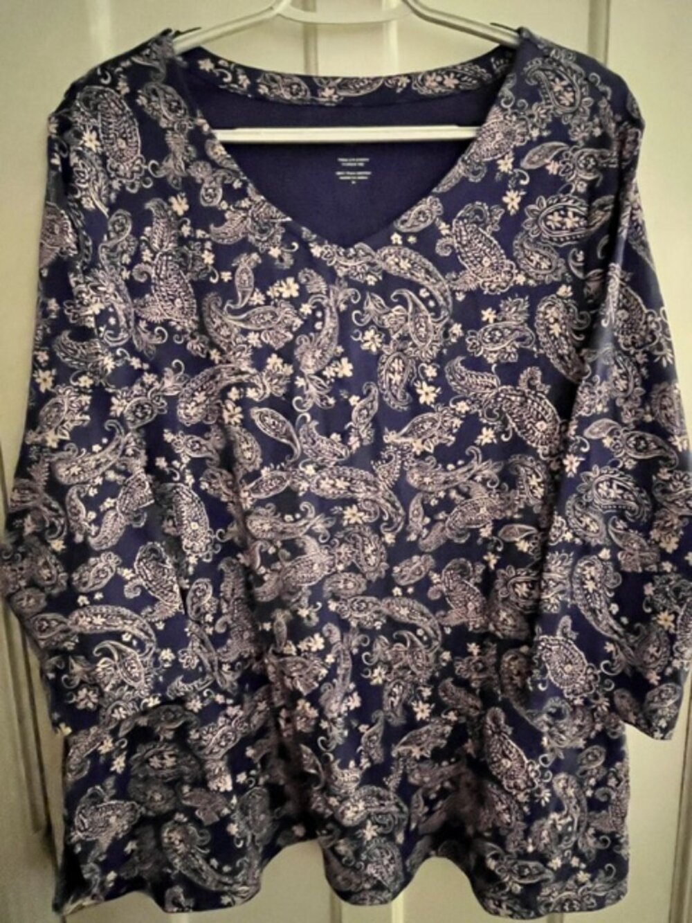 J.JILL BLUE & TAN PAISLEY 3/4-SLEEVE V-NECK T-SHIRT, PIMA COTTON, XL, LIKE NEW